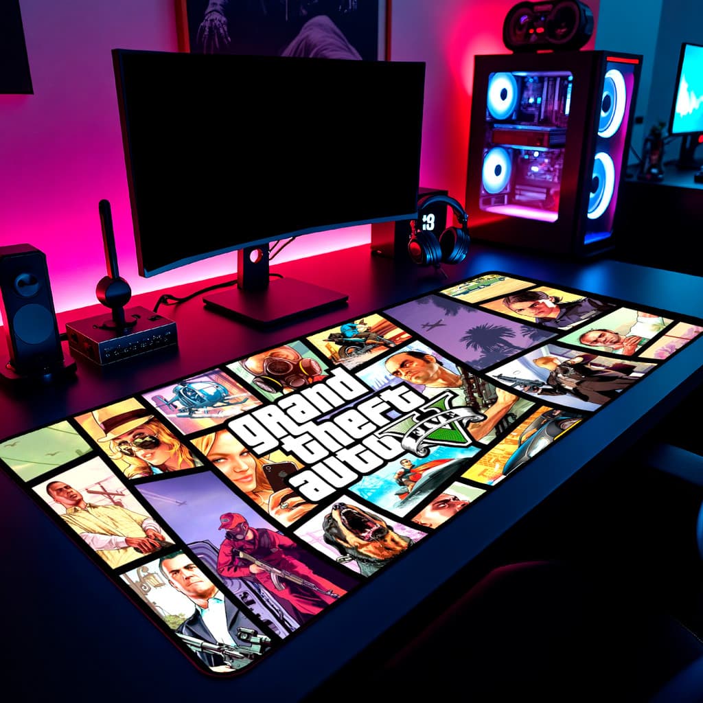 Mouse Pad Gamer GTA V 65x30cm / 80x40cm / 90x50cm / 120x60cm / Borda Costurada