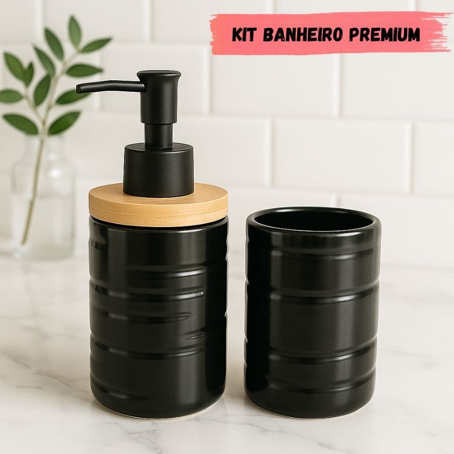 Kit Banheiro Fwb 3 Peças Porcelana Preto Porta Escova De Dente Sabonete Líquido