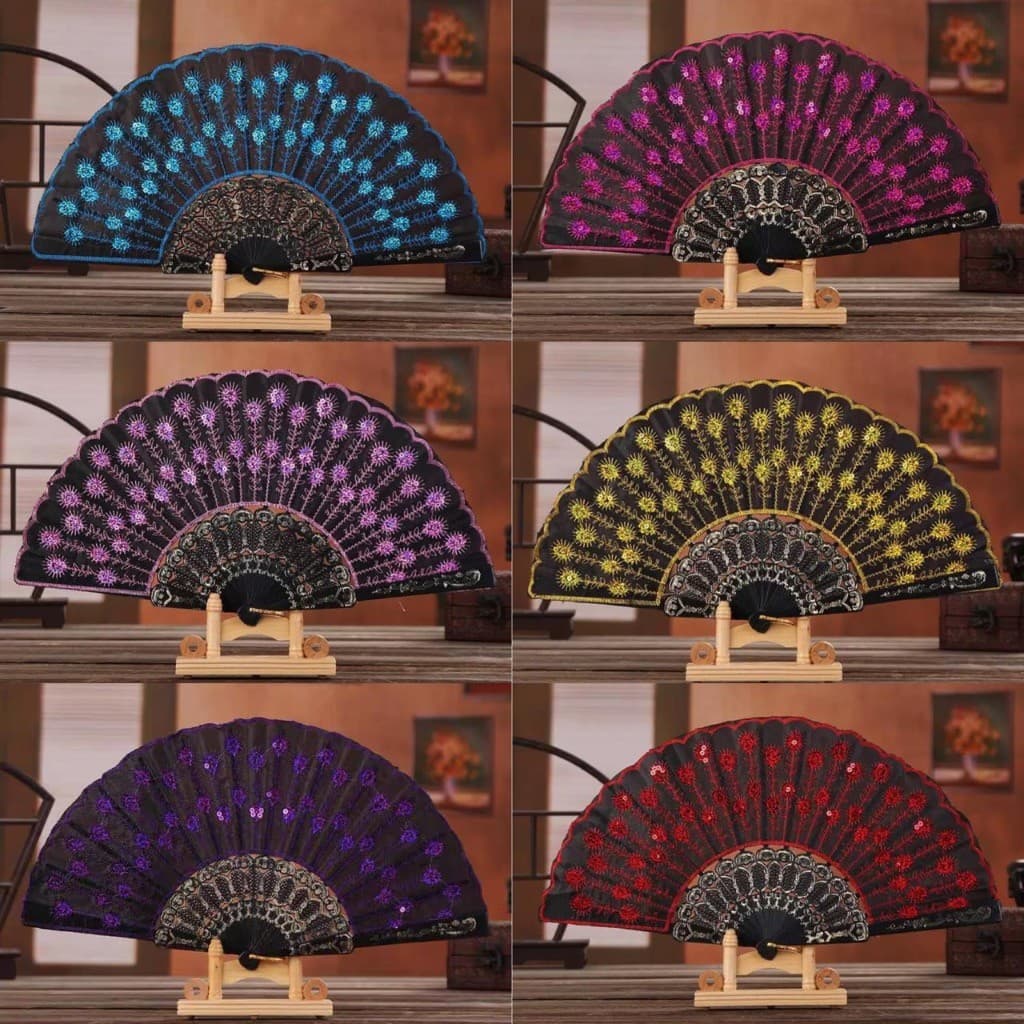 Leque de Mão Dobrável Chinês Flor/Lantejoulas Paetê Ideal Para Carnaval e Calor