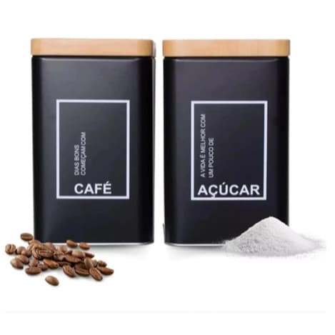 Kit 2 Latas Café Açúcar Potes Organizadores Tampa Amadeirada Preto Cozinha Moderna Decorativa