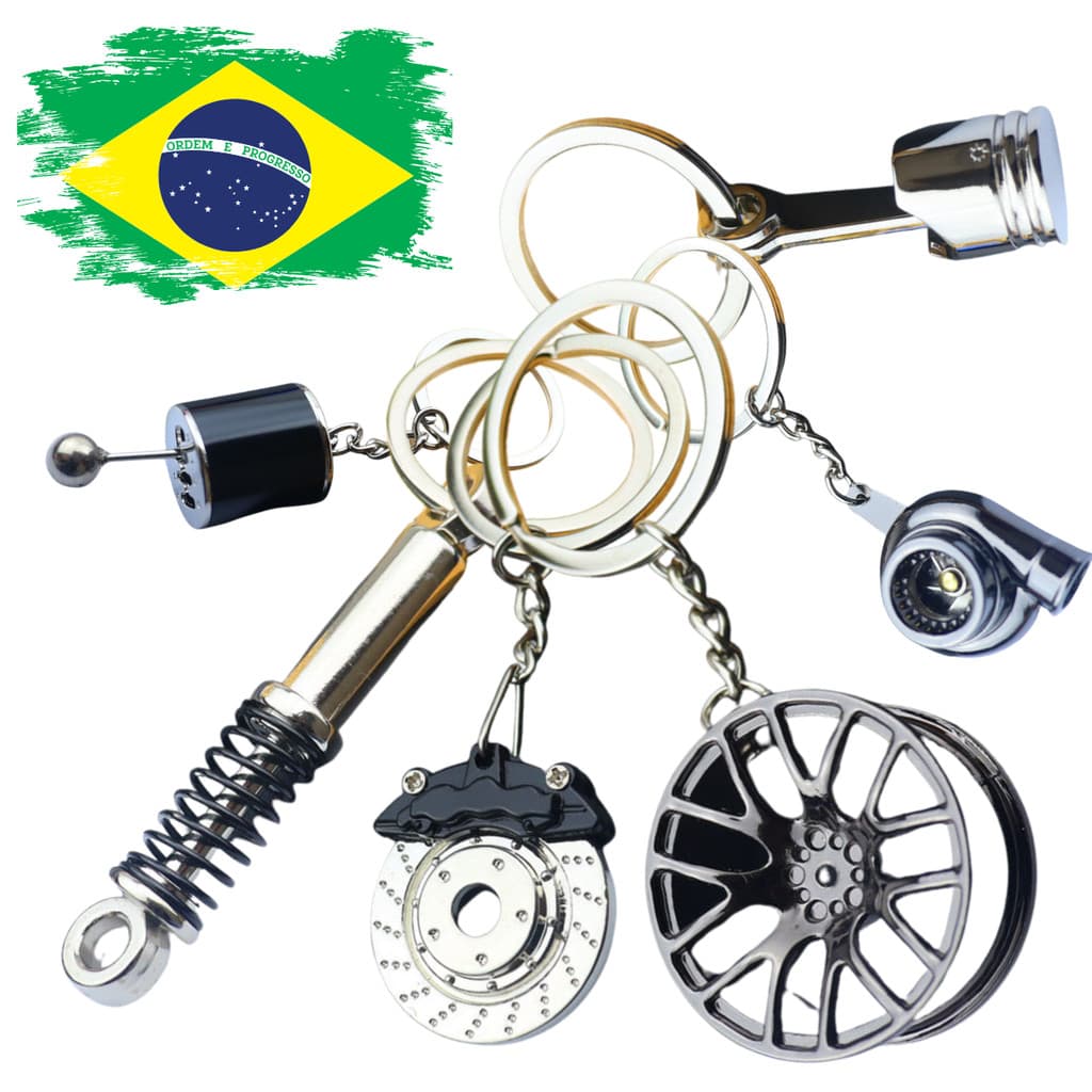 Kit 6 Chaveiros Automotivos Premium – Turbo, Pistão, Freio, Roda, Suspensão Câmbio Turbina Arrancada