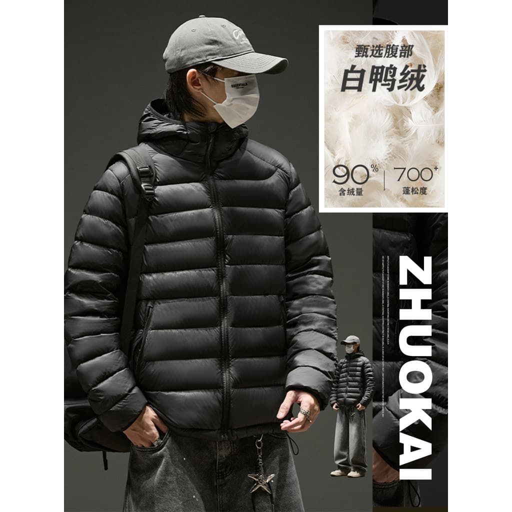 Jaqueta masculina leve com costelas de porco outono inverno com capuz roupas masculinas quentes forro de pato jaqueta de