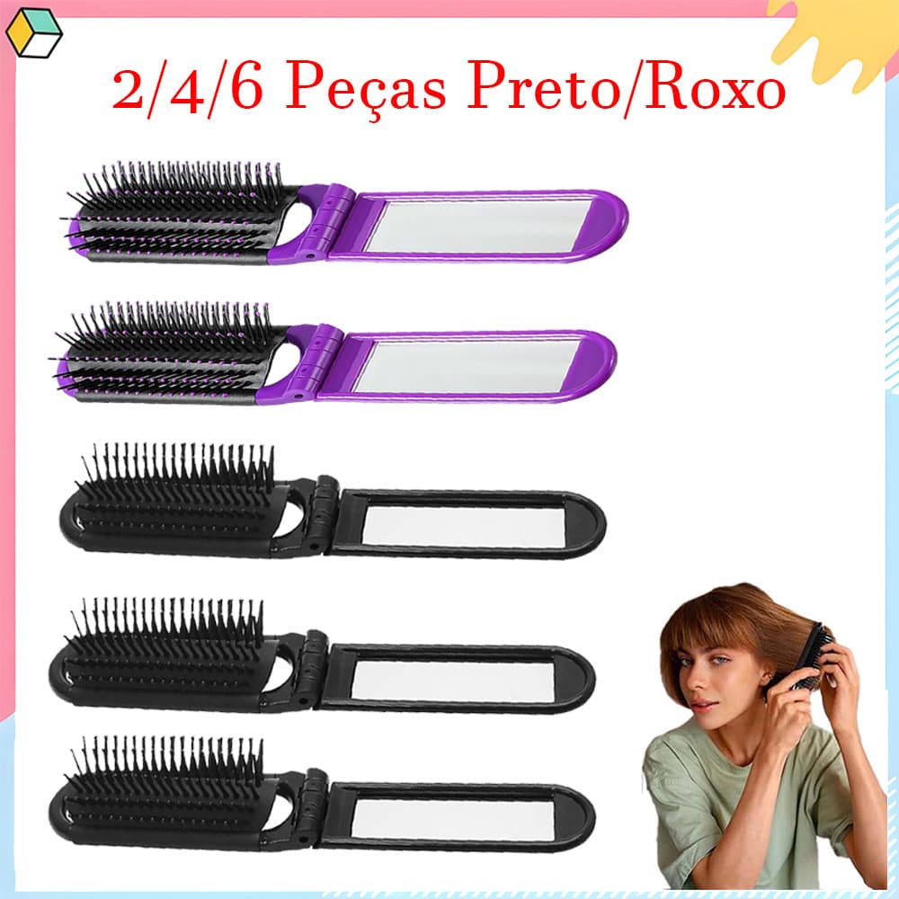 2/4/6 Pçs Escova de cabelo com espelho para bolsa, escova compacta dobrável com espelho para bolsa, portátil para viagem