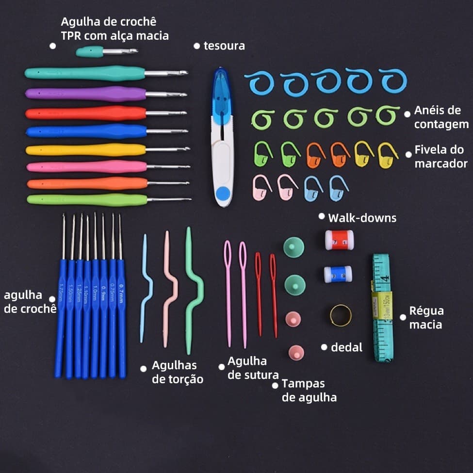 KIT CROCHÊ COMPLETO FERRAMENTAS AGULHAS, TESOURA - 53 PÇS