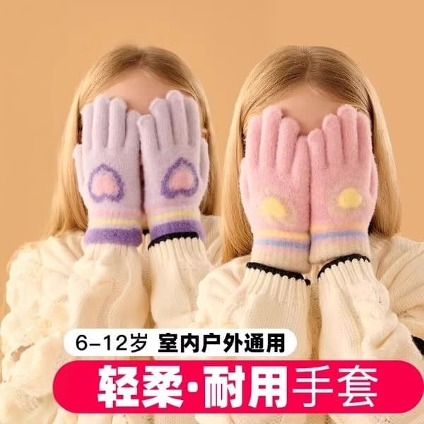 Crianças luvas de inverno quente exposto cinco dedos meninas 3D amor coração Split-dedo grandes crianças à prova de frio