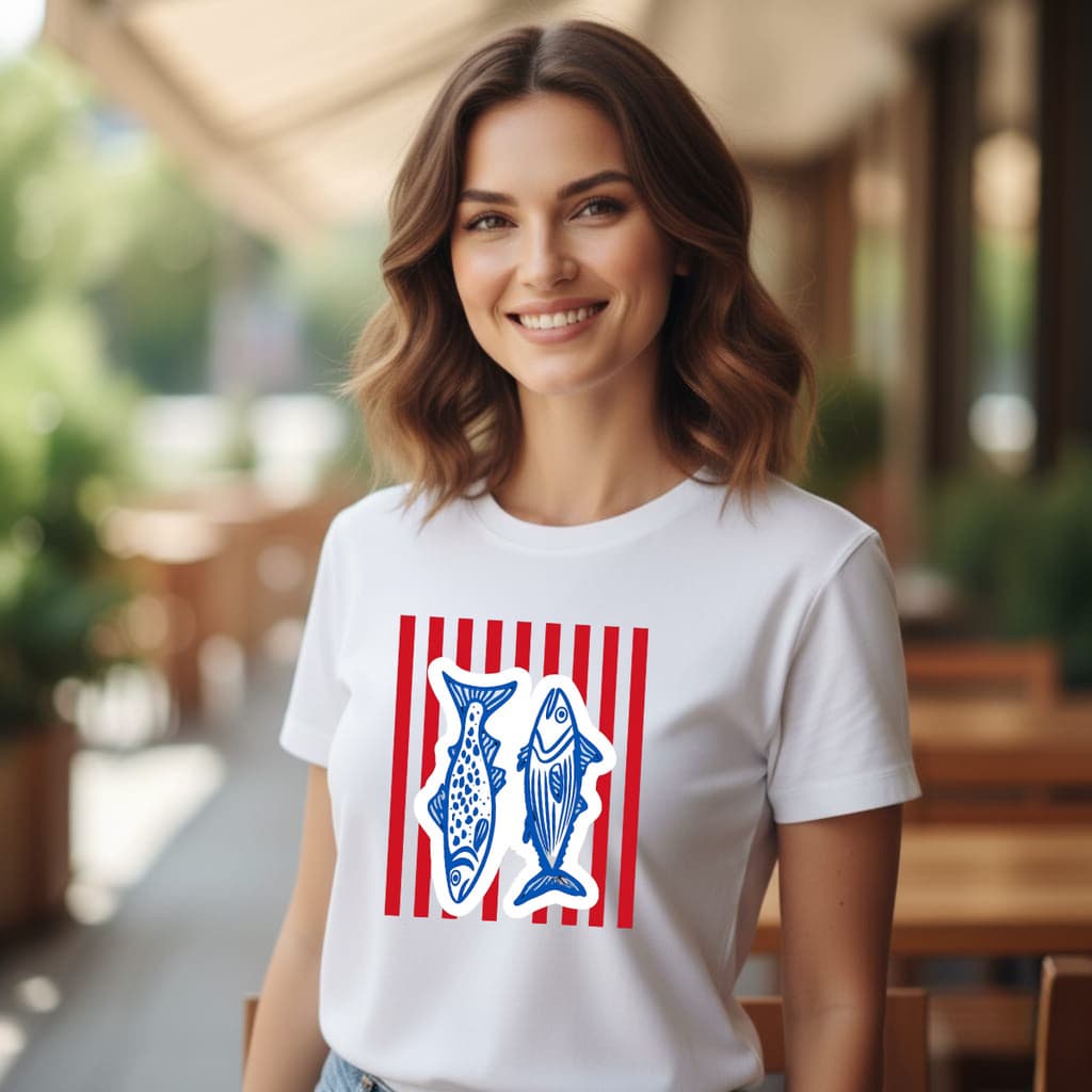 Camiseta Feminina Bàsica Sardinha ListradaT-shirt Feminina Peixe Blusa Feminina 100% Algodão Conforto Estilo Verão