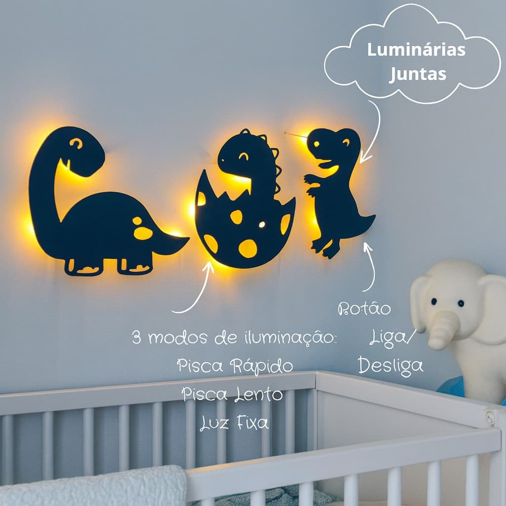 Kit 3 Luminárias Dinossauros LED Infantil – Luz Noturna Decorativa com 3 Modos de Iluminação