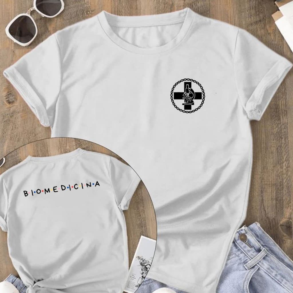 Camiseta Feminino Estampado Frente e Verso Camiseta Biomedicina Faculdade Profissão Várias Cores 100% Algodão Rita Modas