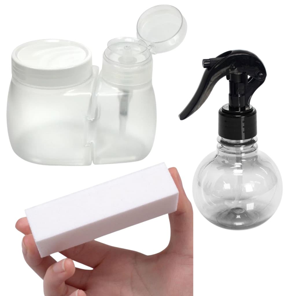 KIT DOSADOR DE ACETONA COM PORTA ALGODÃO + BORRIFADOR BOLINHA 180ML + LIXA CUBO BRANCA