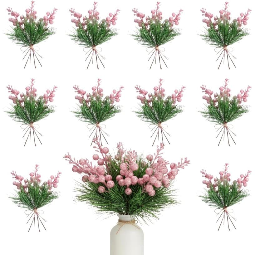 10/24 Unidades Rosa Vermelho Natal Vegetação Artificial Ramos De Pinheiro Pequeno Azevinho Frutas Artificiais Picaretas