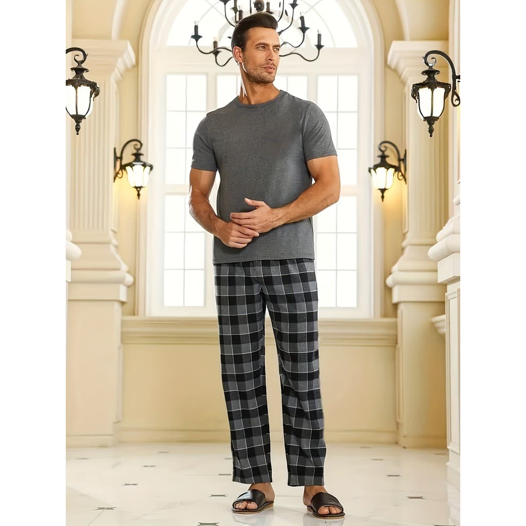 Conjunto de pijama xadrez casual masculino de verão, pulôver e calças de manga curta com gola redonda, macio e confortáv
