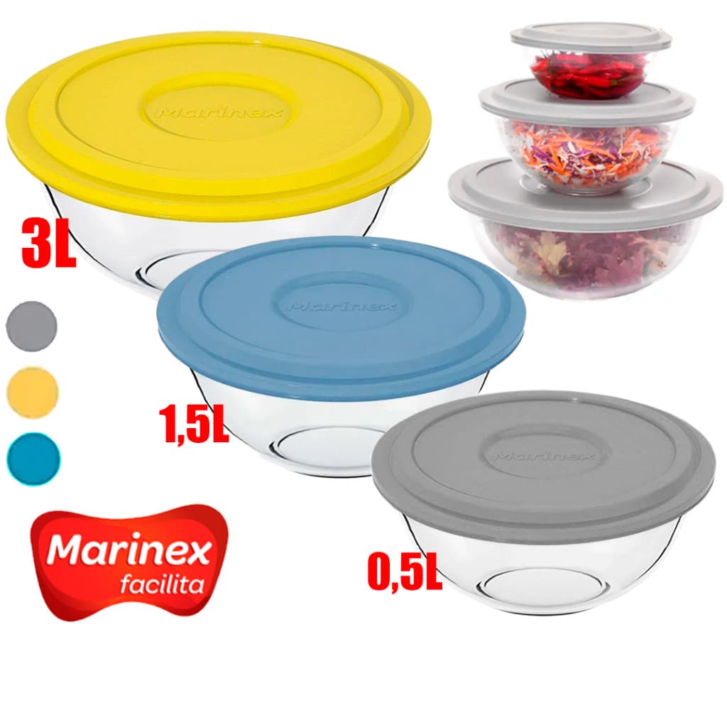 Jogo Pote tigelas marinex Astral plus Pote de vidro Refratário Bowl com tampa redonda Multiuso PMG