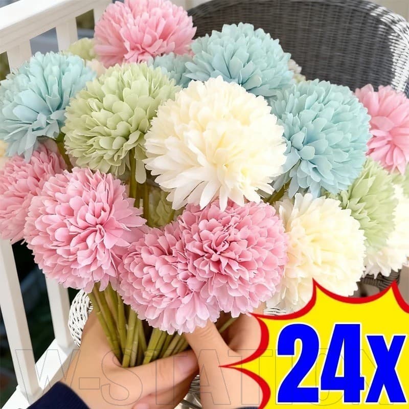 24-6 Unidades De Flores Artificiais De Hortênsia-Pompon De Seda-Buquê De Bolas De Crisântemo-Flor De Pompom Falsa DIY-Ar