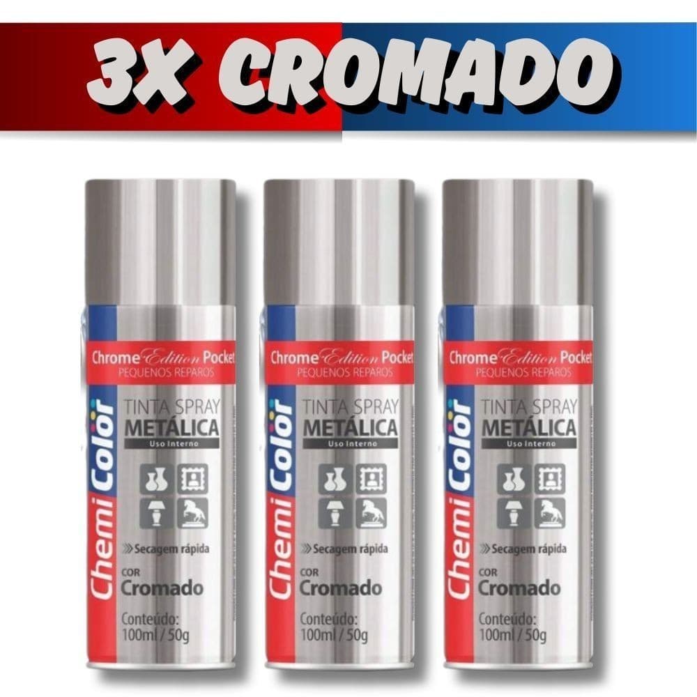 Kit 3 Premium Spray Chemicolor Pocket 100ml Metálica Cromado – Acabamento Detalhado