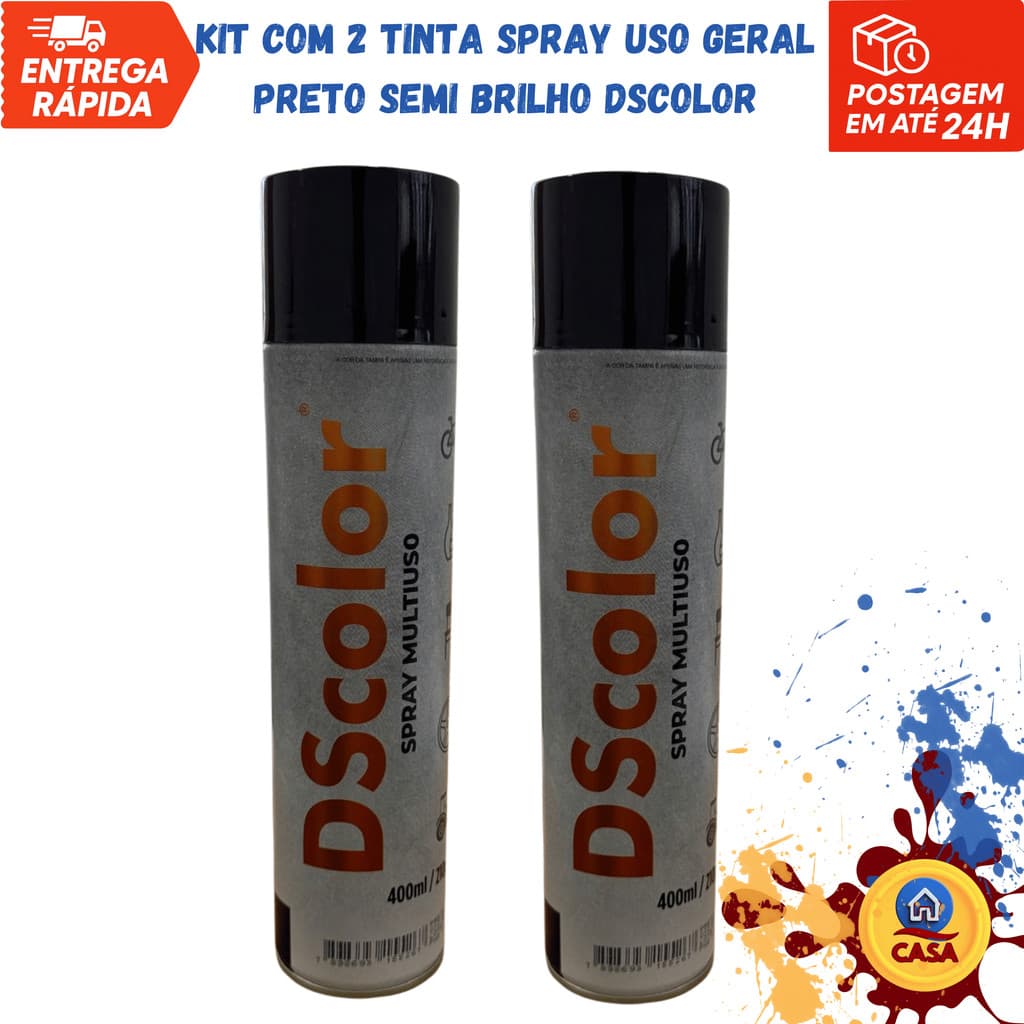 Tinta Spray Uso Geral Preto Semi Brilho DSColor - Kit com 2 unidades