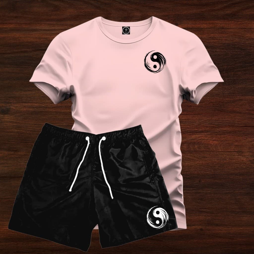 Conjunto Kit Camiseta Bem e Mau Algodão + Short Moda Praia Tactel Preto