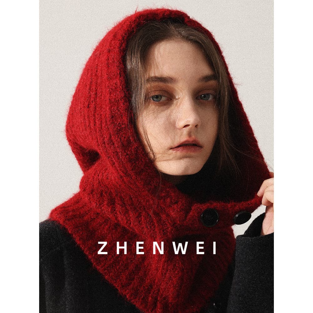 Chapéu de lã Balach Lafa Ankla vermelho malha cabeça grande chapéu de lã feminino babador de inverno cachecol com capuz