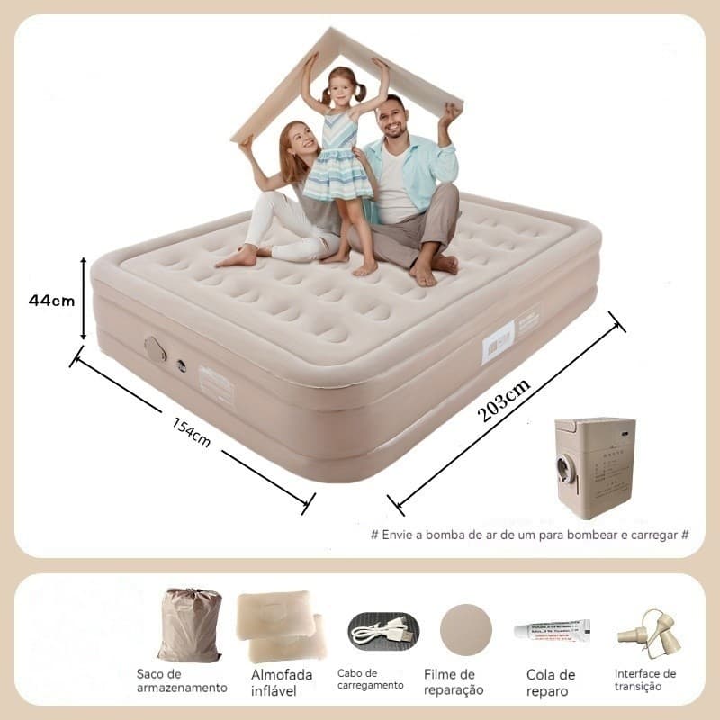 Colchão de ar/cama de acampamento Queen Size, bateria de lítio embutida e bomba de ar, tamanho: 203 * 154 * 44 cm