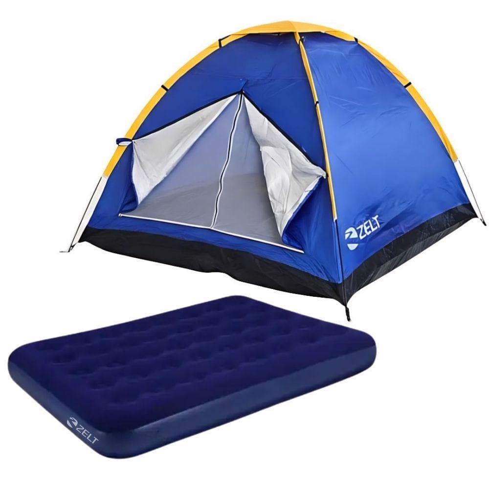 Barraca Iglu Camping para 4 Pessoas 2,10 M com Colchão Inflável de Casal Azul ZELT