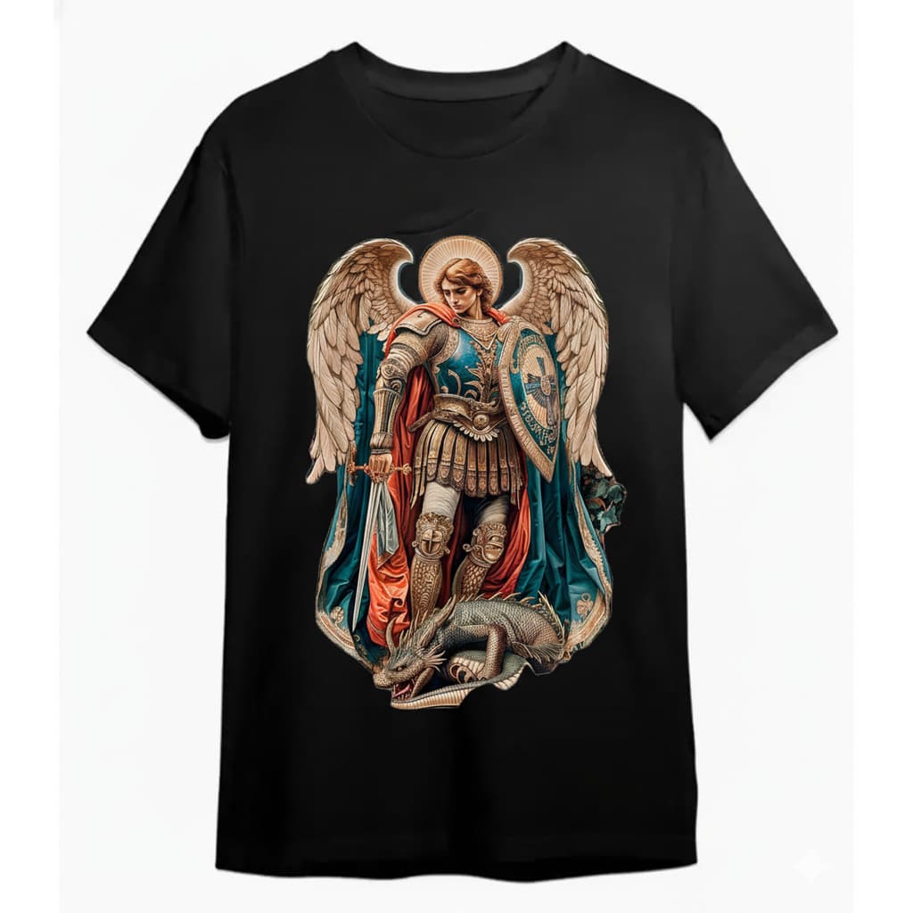 Camiseta Masculina Casual Algodão Estampa Arcanjo Miguel Armadura Segurando Um Escudo E Uma Espada