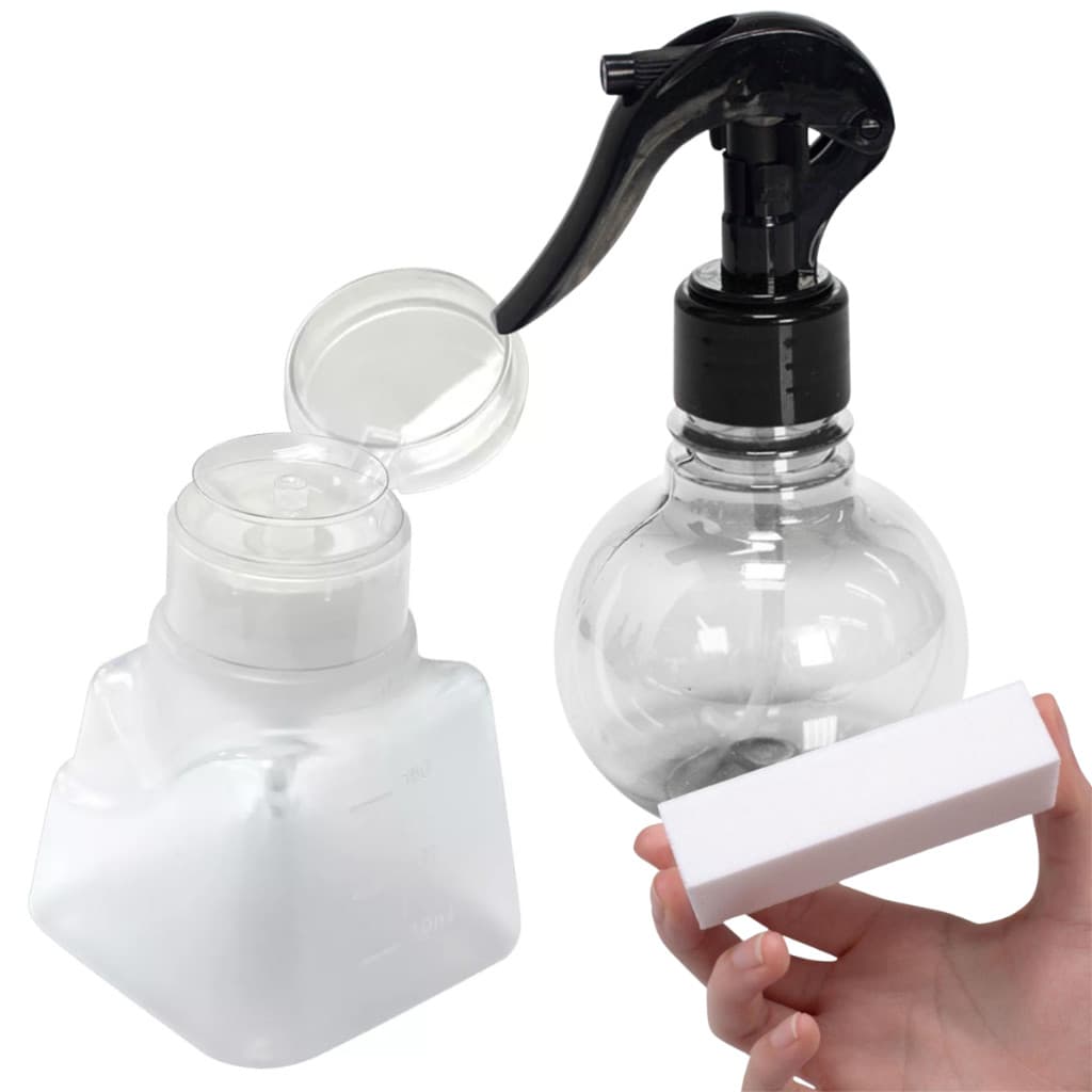 KIT DOSADOR DE ACETONA MOD ITALIANO + PULVERIZADOR BORRIFADOR BOLINHA 180ML + LIXA CUBO BRANCA