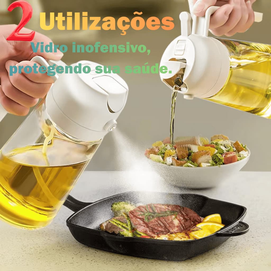 2 em 1 Azeiteiro Vinagreiro Spray De Vidro Com Botao Bico Dosador Tampa E Alca De Plastico 470ml