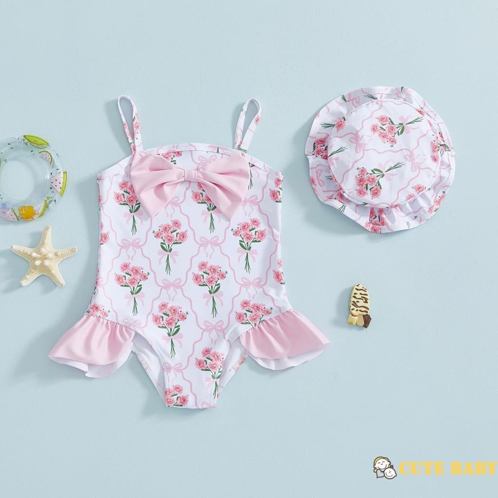 Eph-Infantil Bebê Meninas Verão Maiô Flor Arco Estilingue Com Chapéu Para Praia,0-4 Anos