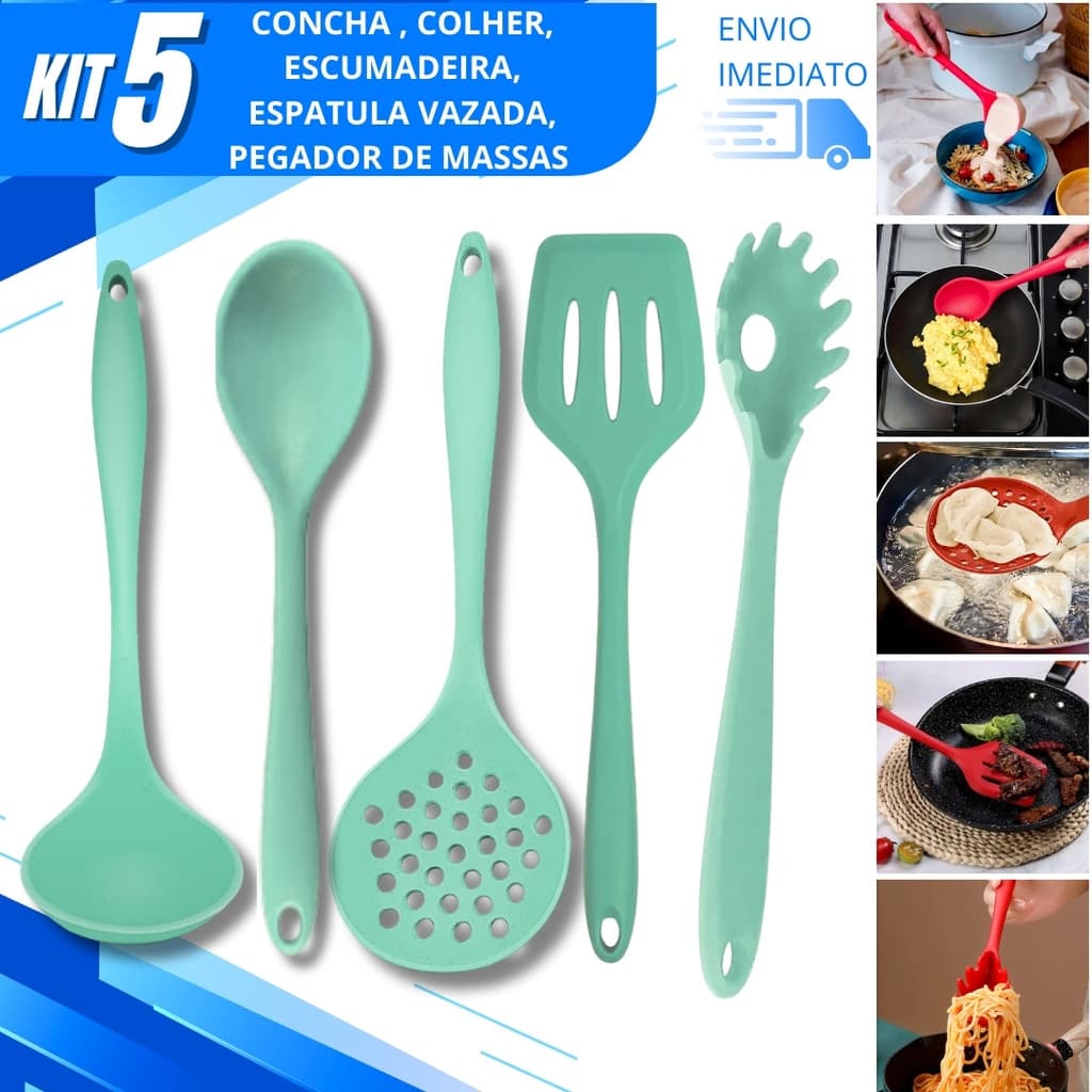 Kit Utensílios de Silicone Concha Escumadeira Colher Arroz Espátula Vazada Pegador Massa Para Cozinha Premium