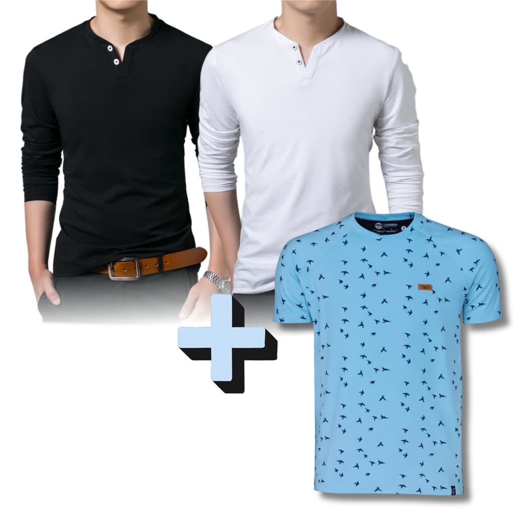Kit 3  – 2 Camisetas Henley 2 Botões Manga Longa + 1 Camiseta Raglan Dove Estilo Streetwear