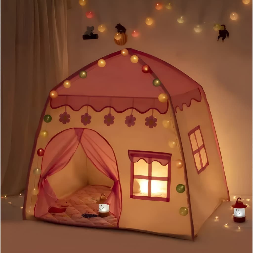 Barraca Infantil Casinha Princesa Com Luz LED Castelo Dobrável 130x130x100cm Tenda Infantil Brinquedo Crianças