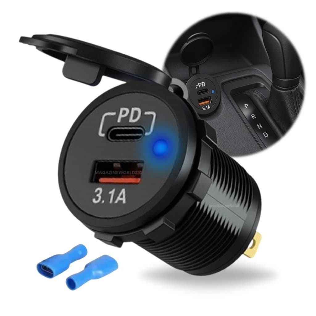 Tomada Carregador Veicular de Embutir USB X Tipo-C PD 3.1A Rápido para Carro e Moto Universal