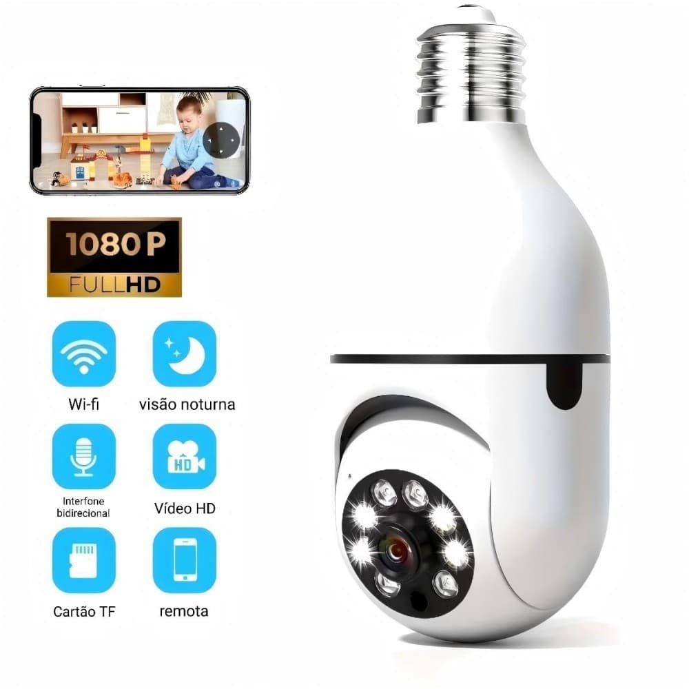 Câmera Segurança Lâmpada Wifi Full HD Sem Fio 360 Yoosee Visão Noturna 8177 Com 1 Lente