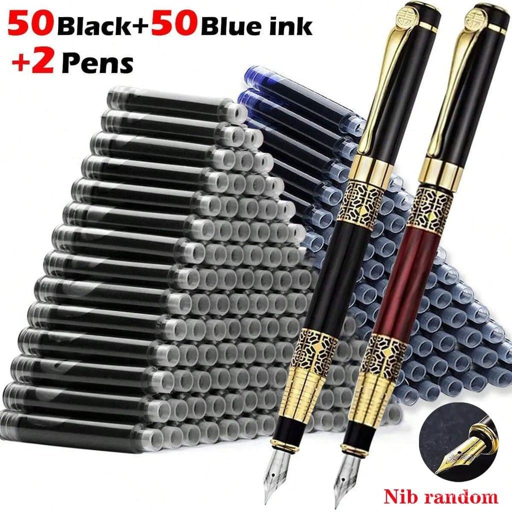 100pcs Conjunto de Canetas Tinteiro de Metal Vintage com Tinta Substituível para Escrita Presente de Papelaria Escolar