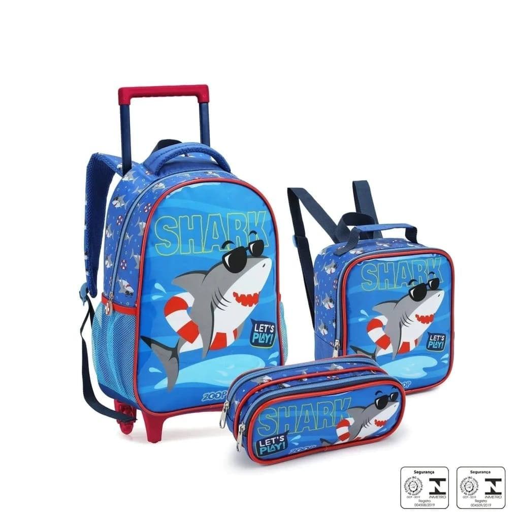 Kit Escolar Infantil Mochila+ Lancheira+ Estojo Tubarão Azul