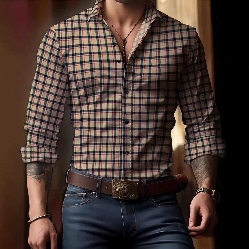 3D Impresso Moda Casual All-Match Xadrez Camisa Masculina de Manga Comprida Estilo Fino