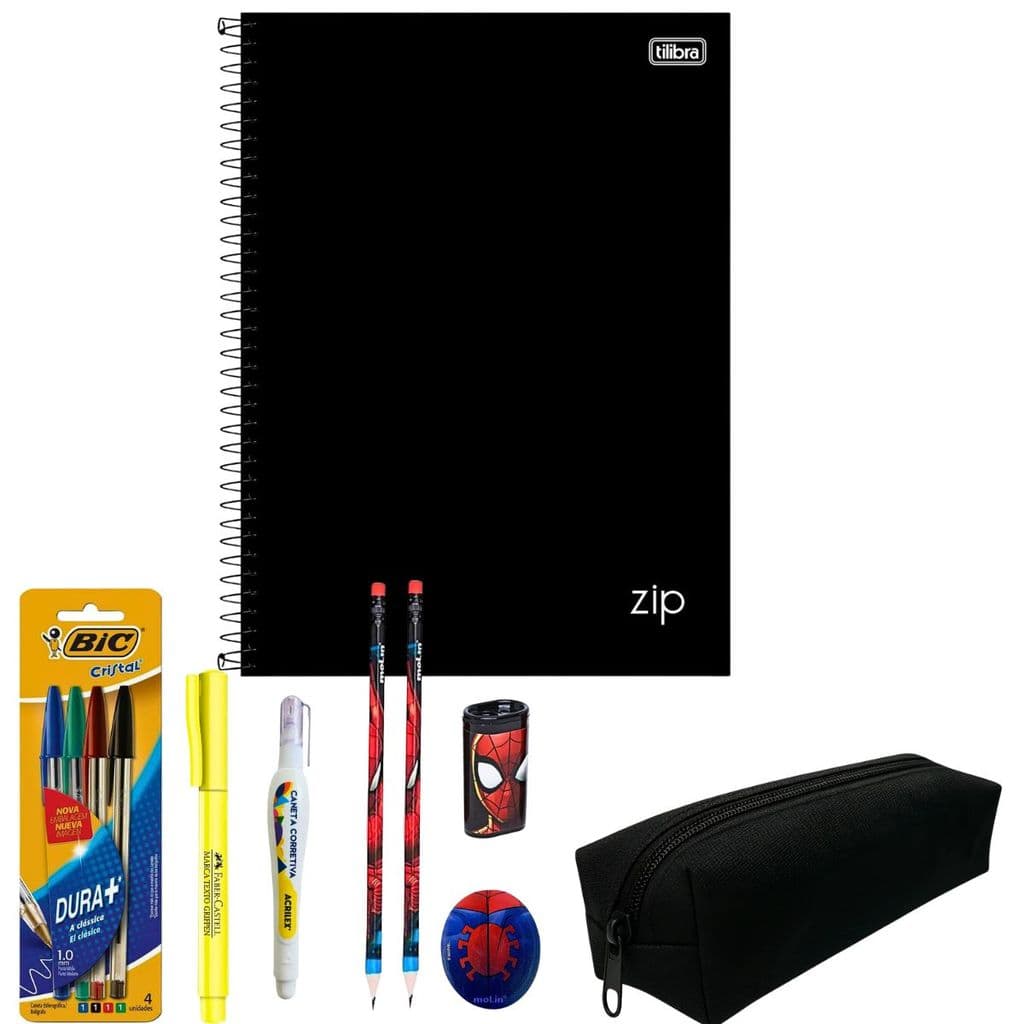 KIT CADERNO ZIP PRETO 1 MAT ESTOJO CANETA BIC ERROREX MARCA TEXTO BORRACHA LAPIS APONTADOR SPIDERMAN