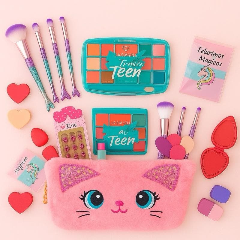Kit Maquiagem Batom Gloss Pincéis Unhas Bolsinha Skin Care Completo com Paleta de Sombras e Acessórios para Meninas