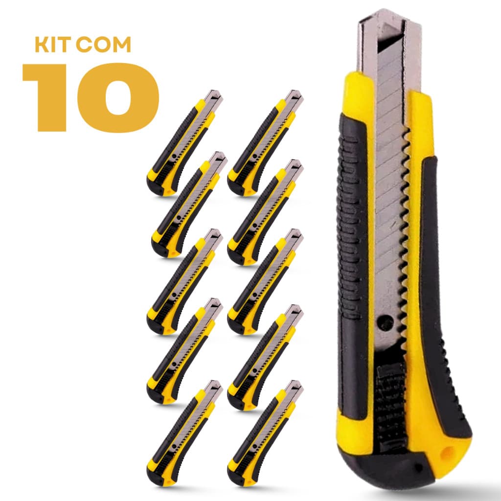 Kit Estilete Profissional Retrátil Emborrachado 18Mm 10 Unidades Trava Segurança Corte Preciso