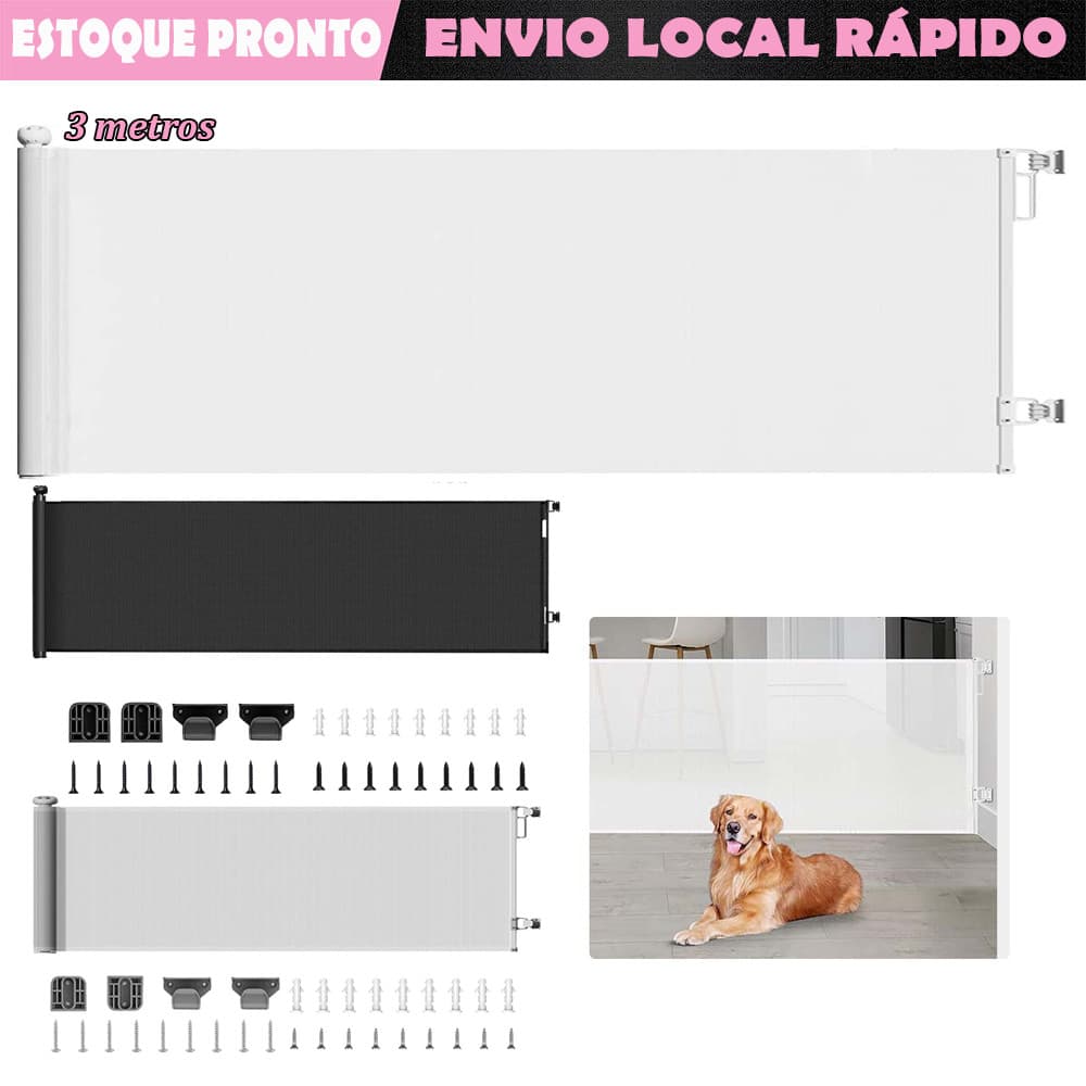 Grade de Proteção Retrátil 3m para Pets e Bebês Portão de Segurança para Escadas Portas e Ambientes Fácil de Instalar