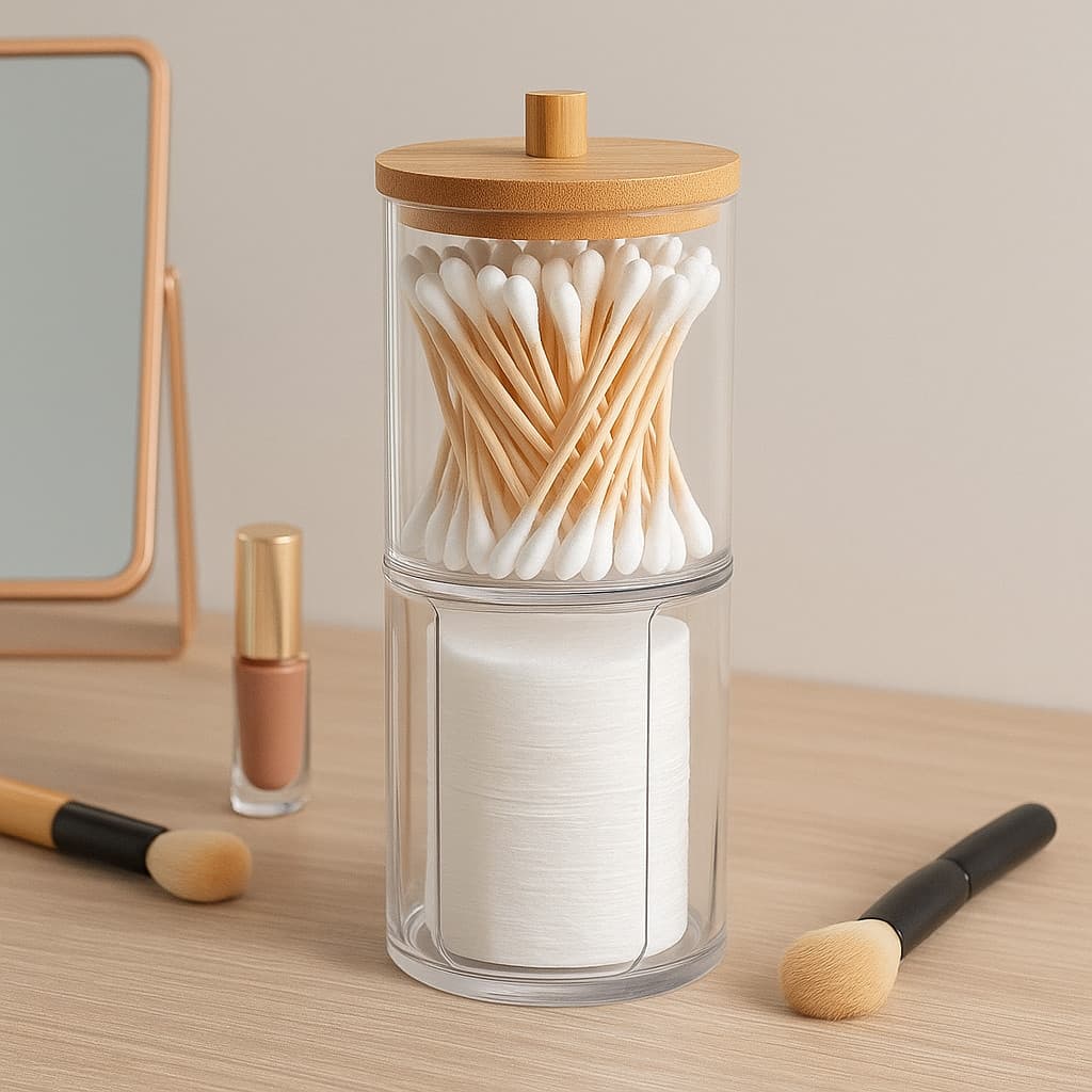 Organizador Duplo Disco Algodão E Cotonetes Acrílico Tampa Bambu