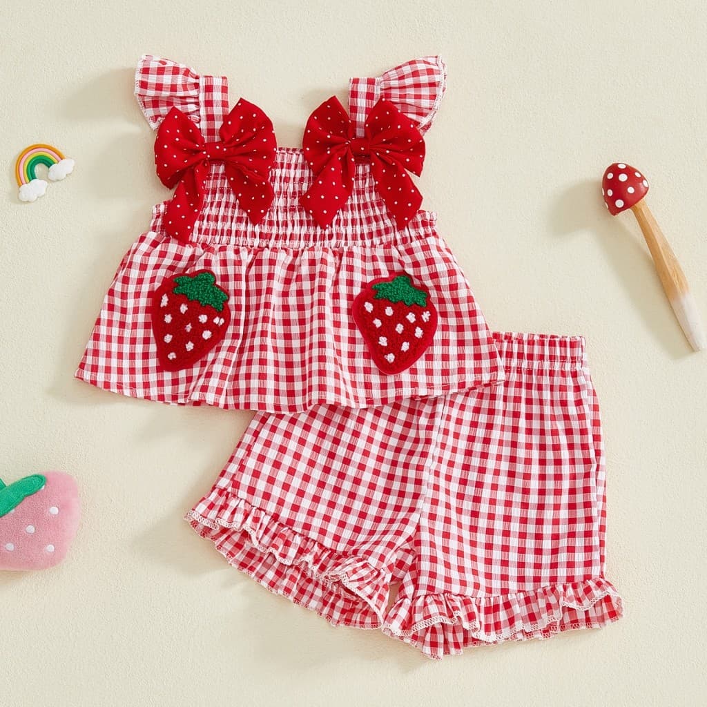 6M-7A Conjunto De Regatas E Shorts Com Babados Bordados De Morango Para Bebês Meninas Festa de Halloween