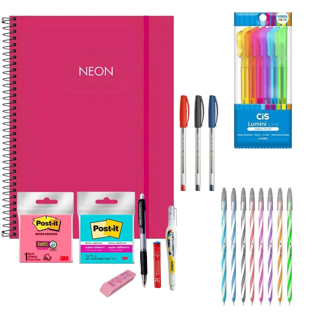 KIT CADERNO 80FLS NEON PINK + MARCATEXTO LITE + BLOCO POST IT+ ITENS DE ESCRITA + BORRACHA + ERROREX