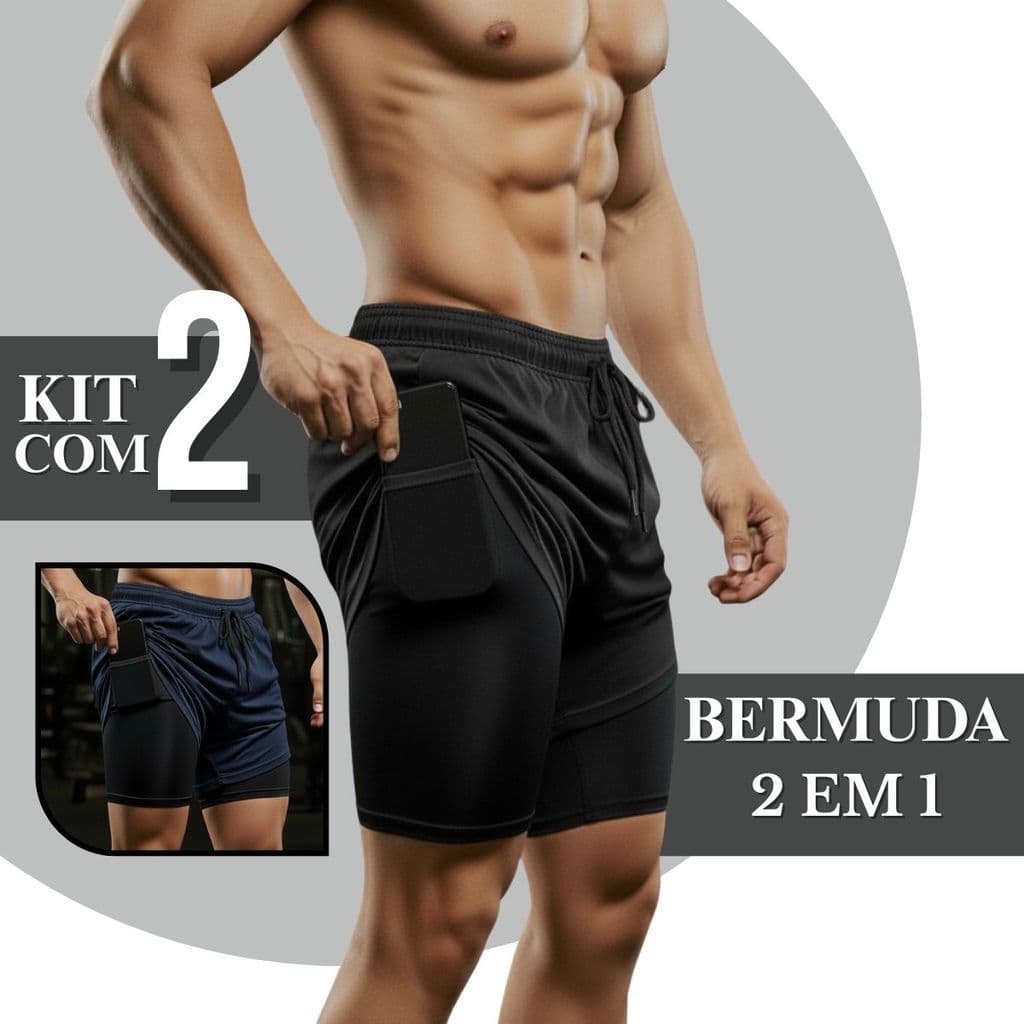 KIT 2 Shorts 2 Em 1 Bermuda Masculino Dry Fit Com Bolso Interno Compressão Academia