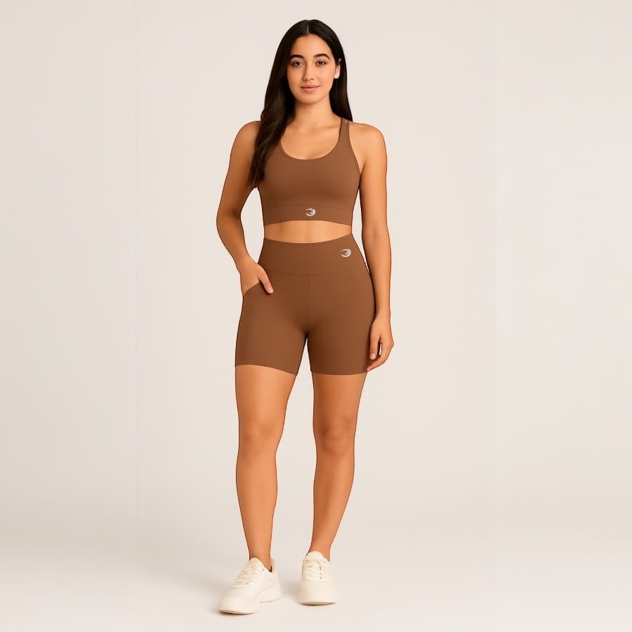 Shorts com Bolsos Laterais Marrom Academia Poliamida Treino
