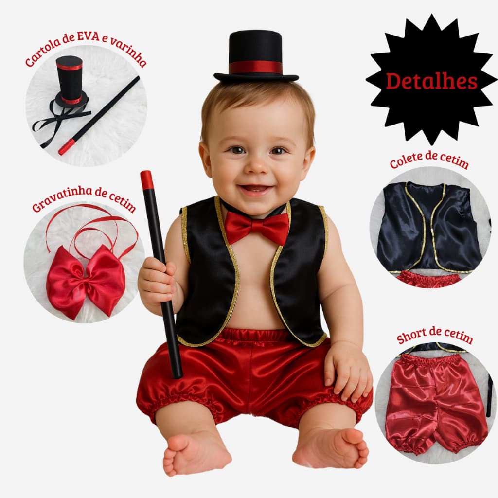 Conjunto Fantasia do Mágico Bebê Menino Temático Mesversário Circo com  Colete Cartola e Varinha