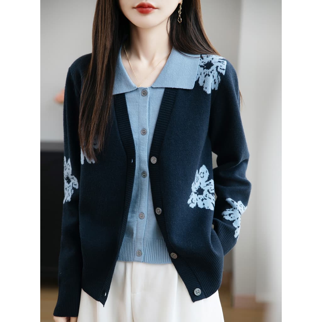 Suéter cardigã de malha falso de duas peças da indústria pesada, jaqueta feminina, roupa externa, gola polo bordada, par