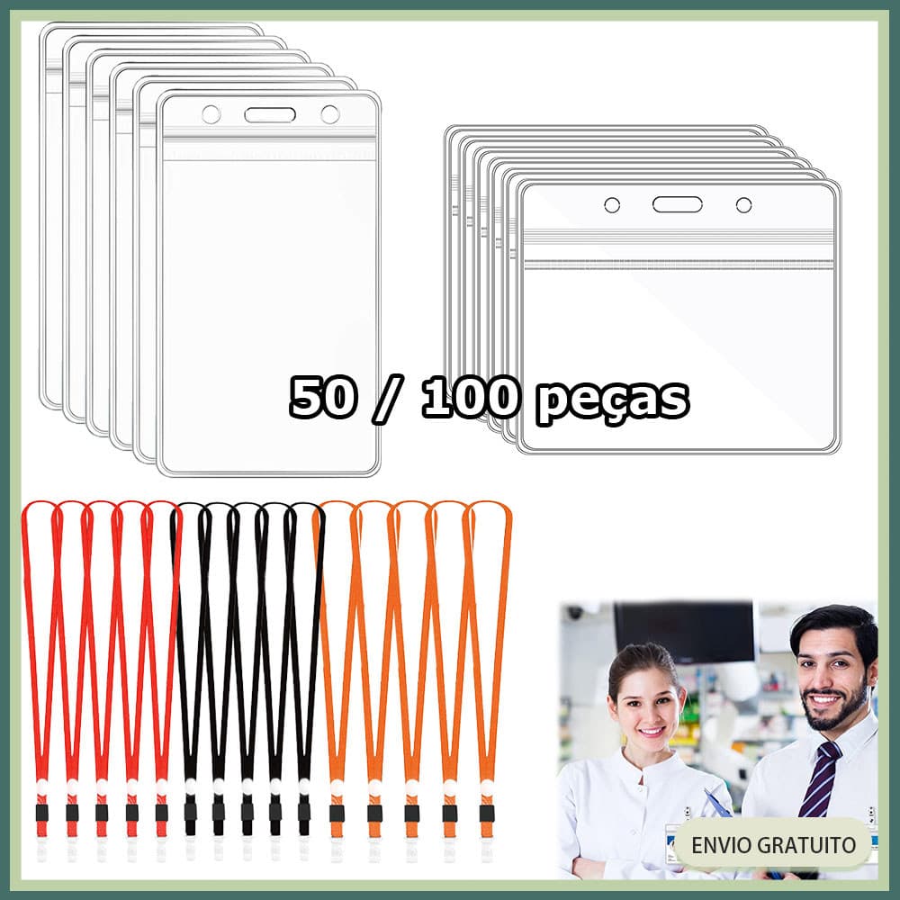 Porta-crachá transparente em plástico com capa para cartão de identificação e clipe para cordão - 50/100 unidades