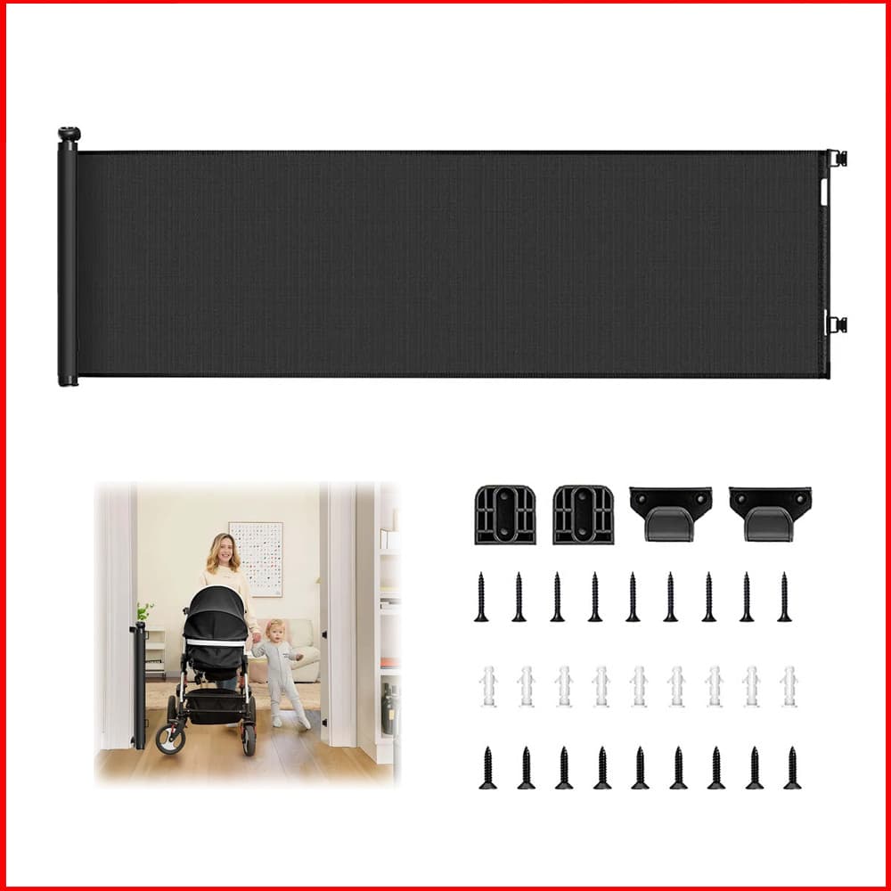 Portão retrátil para bebês 300x86cm Preto – Portão de Segurança para Escadas, com Trava de Segurança