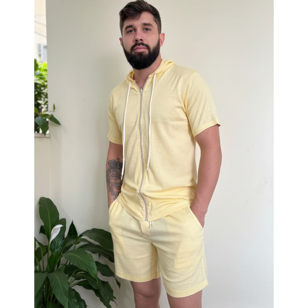 Conjunto Viscolinho Masculino Short Capuz Zíper Amarelo
