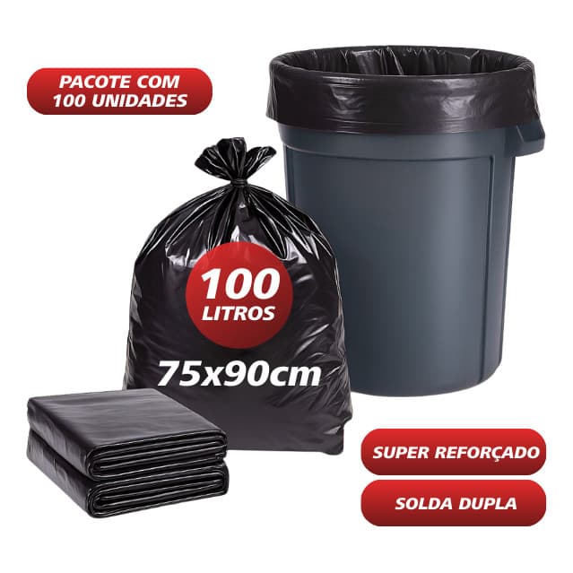 Saco De Lixo 100lts Reforçado- Preto - C/ 100 Unidades